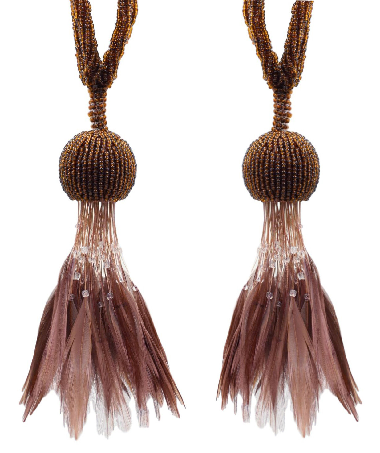 Beaded Tieback with Feather, Color# 101884 – Mocha Brown [Set of 2]
