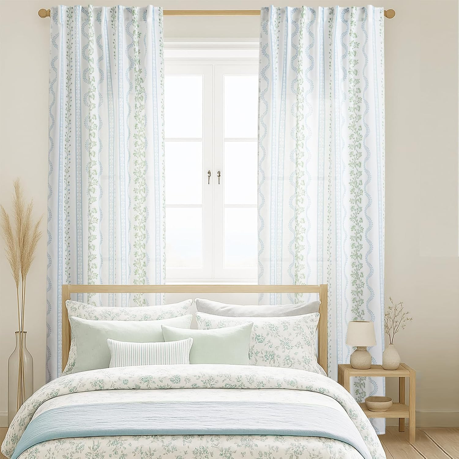 Short Floral Curtains for Kitchen & Bathroom Window, 45 Inch Length Blue Green V
