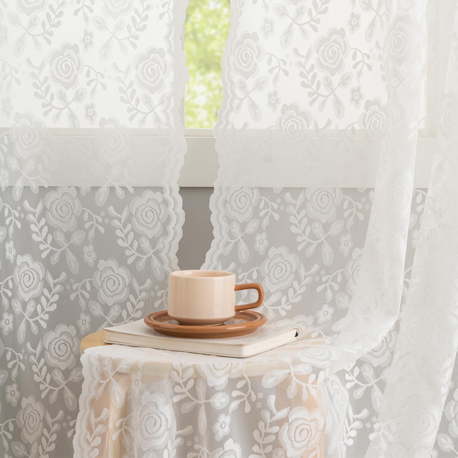 Sheer Lace Curtains 84 Inches Long – Victorian Embroidered Rose Leaf Floral C…