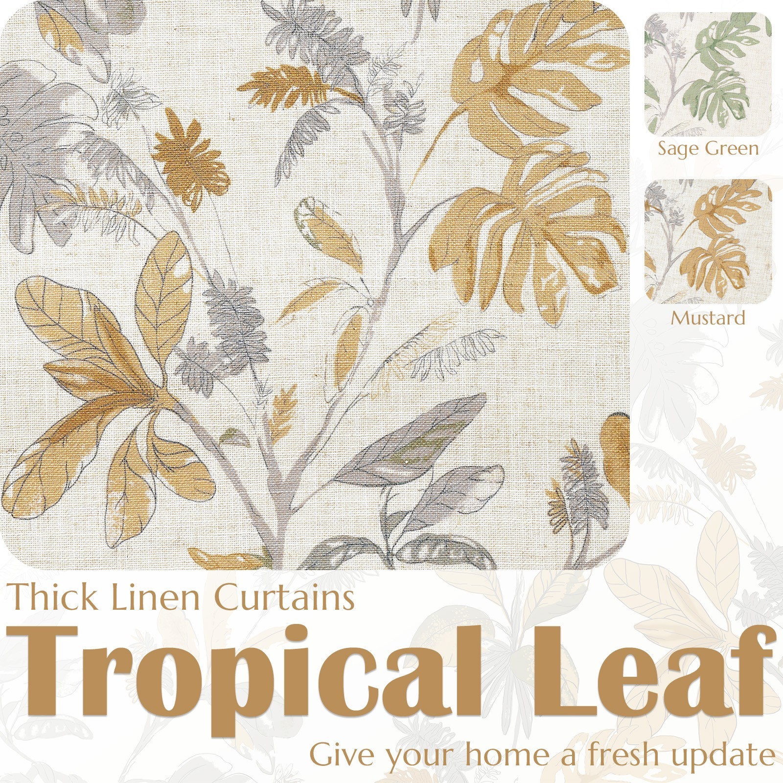 Tropical Leaf Curtains 2 Panels Farmhouse Room Darkening Rod Pocket 84″