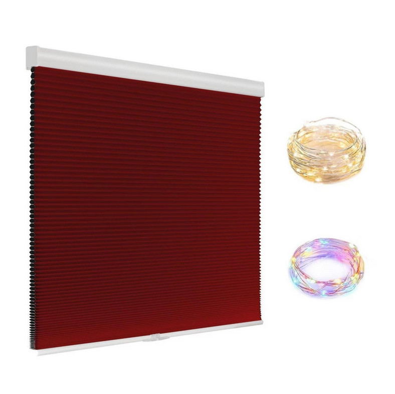 Blackout Cellular Shades Cordless Pull Down w/ LED Lights 31″ W×64″ H, Wine Red