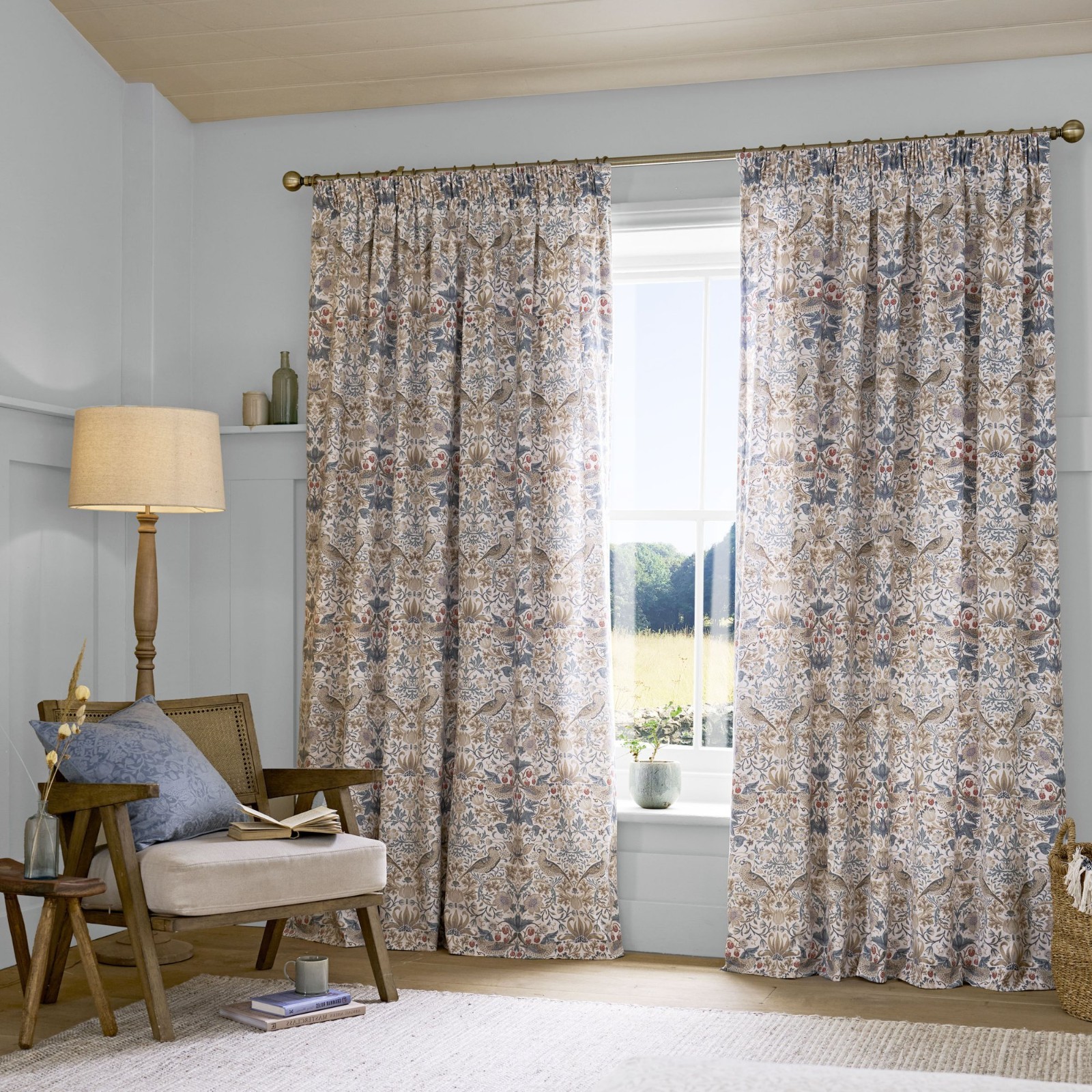 NEW William Morris 2pc BLACKOUT Strawberry Thief Hessian Window Curtain 50″x84″