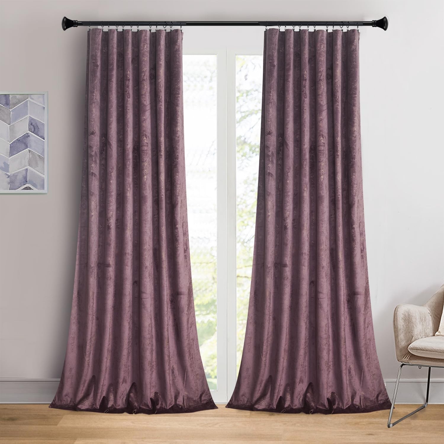 Roslynwood Luxury Gold Foil Print Purple Velvet Curtains 108 Inches Long Rod