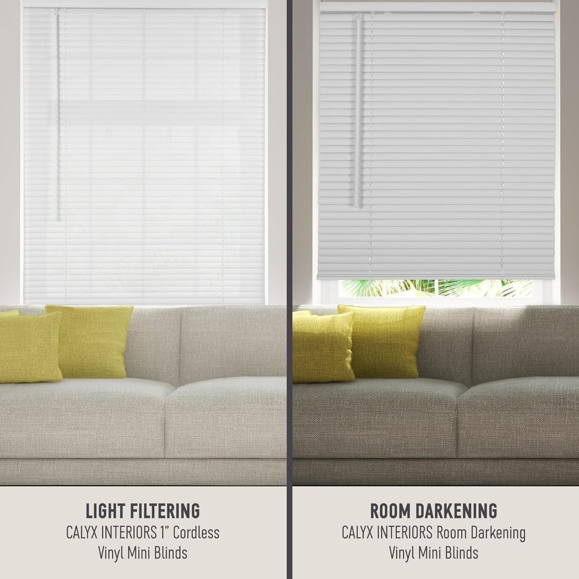 Calyx INTERIORS Room Darkening Vinyl Mini Blinds, Cordless, 1″ Slat, 46.5″ W x