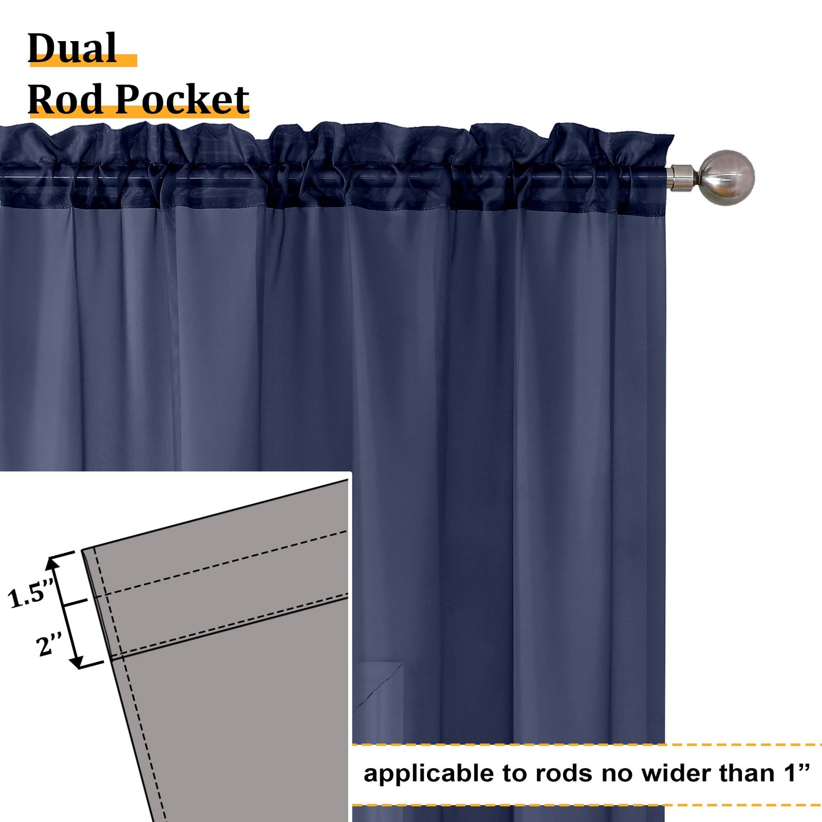 Sheer Navy Blue Curtains 84 inch Length 2 Panels Set, Airy Soft-Touching Rod …