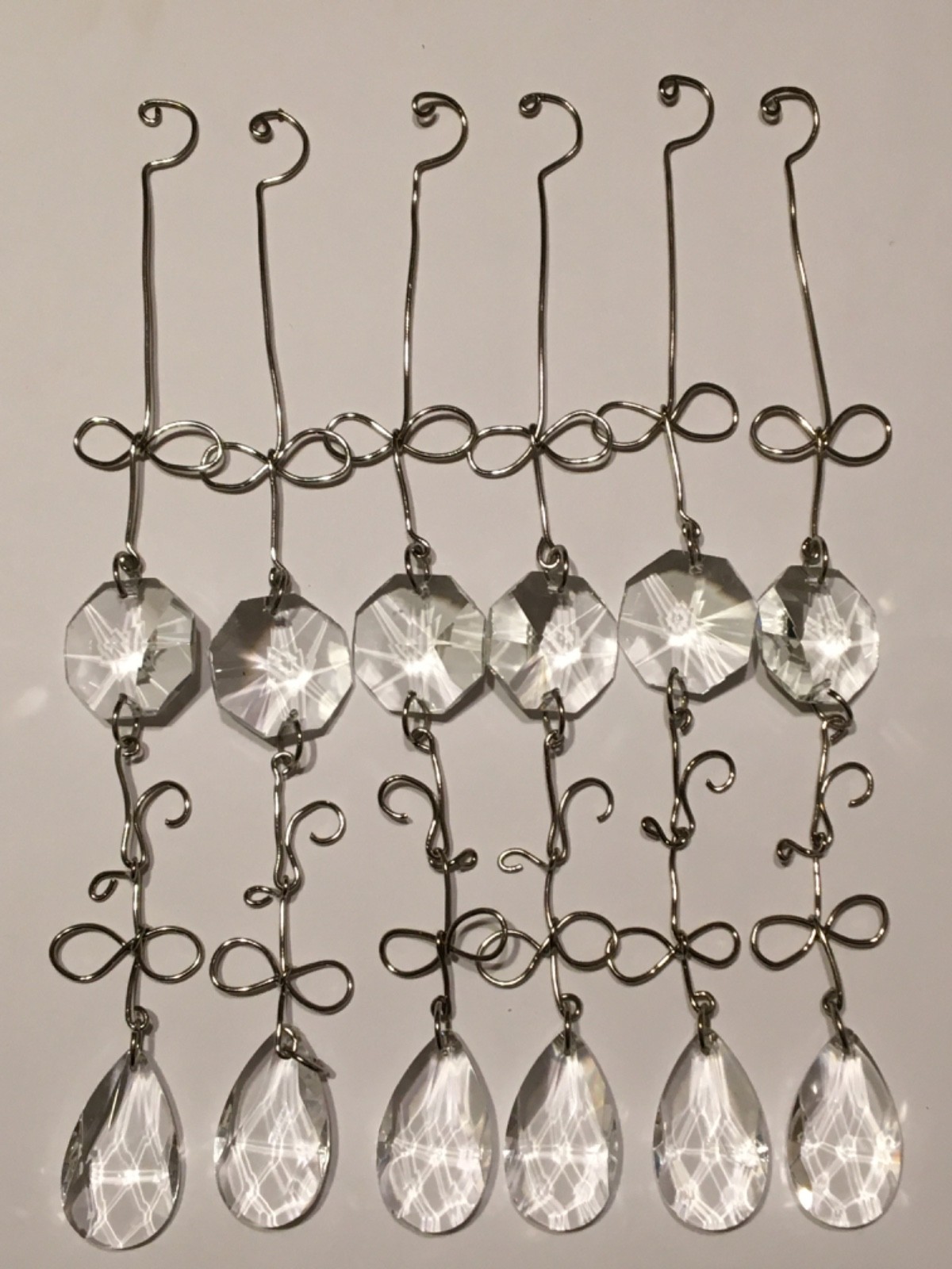 Set of Six 9″ Hanging Curtain Rod Whimsey Clear Faceted Glass & Silver Metal