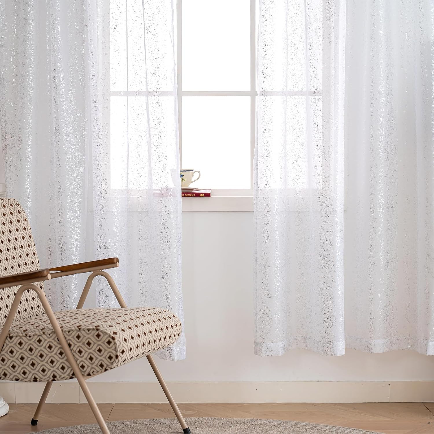 Foil White Sheer Curtains for Living Room 84 Inches Long 2 Panels Set, Modern Si