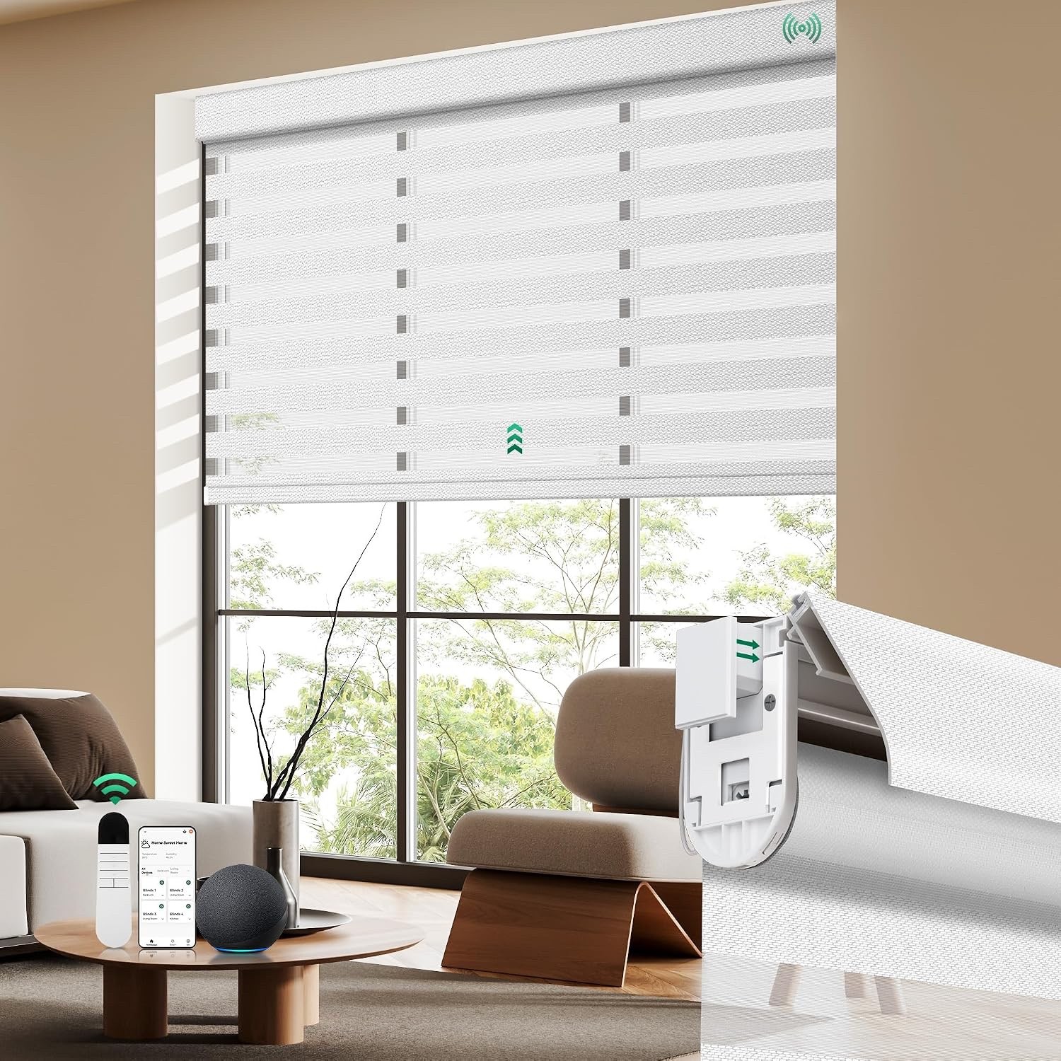 Allesin No Drill Motorized Electric Zebra Blinds W/ Remote 50-75% Blackout 34×72