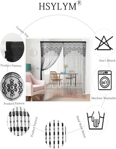 String Door Privacy Lace Curtain Macrame Boho Doorway 35×79in/90×200cm Black