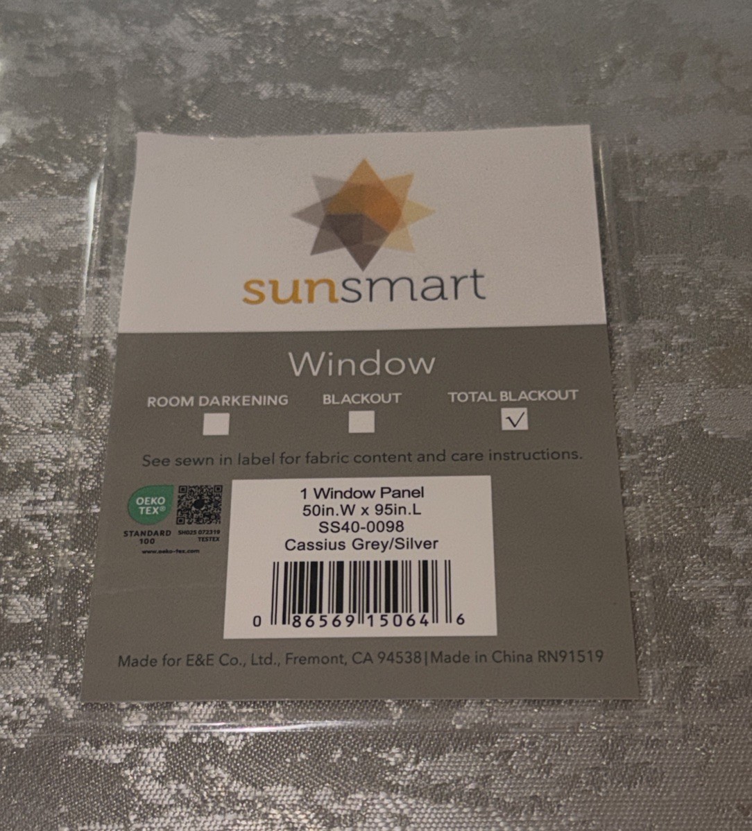 New In Package Sunsmart Total Blackout Window Panel Cassius Grey/Silver 50”x95”