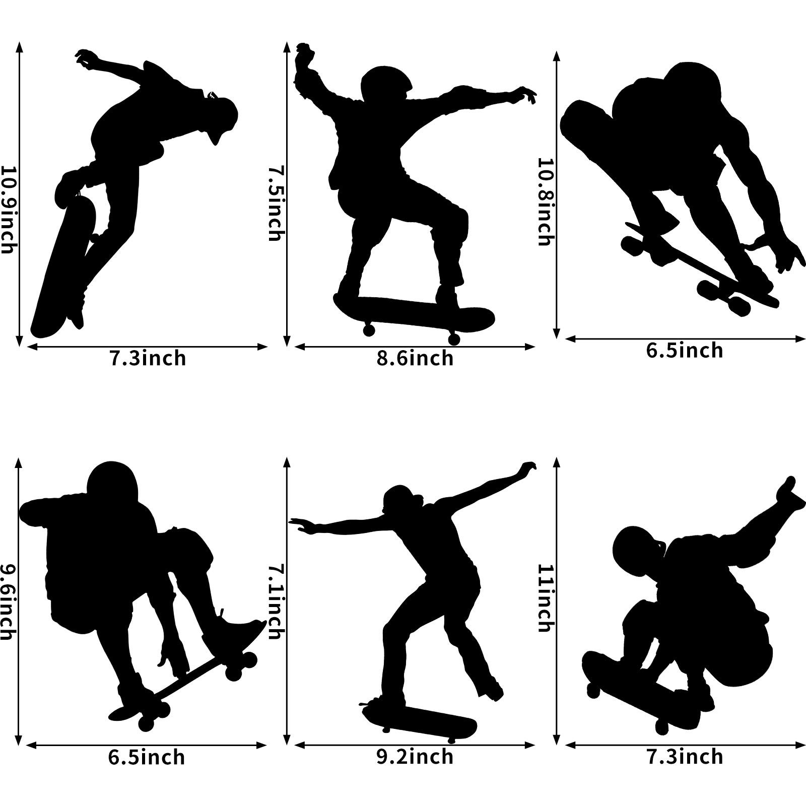 6 Pieces Playing Skateboards Sports Wall Decal 6 Count (Pack of 1), Black