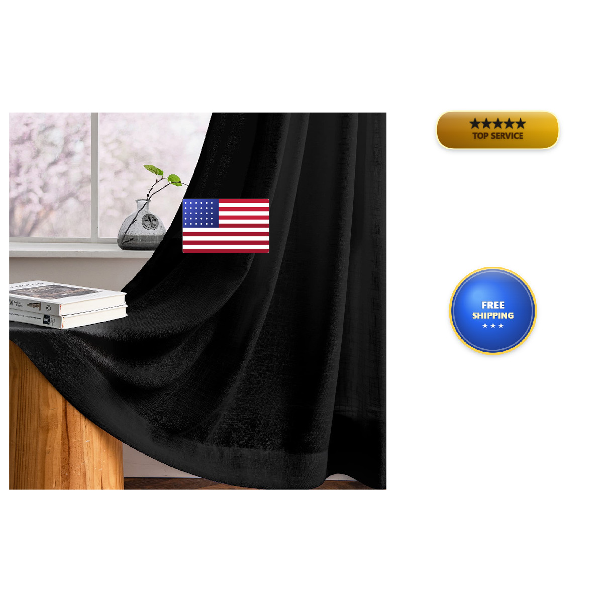 Melodieux Black Linen Textured Semi Sheer Curtains 63 Inch Length For Bedroom