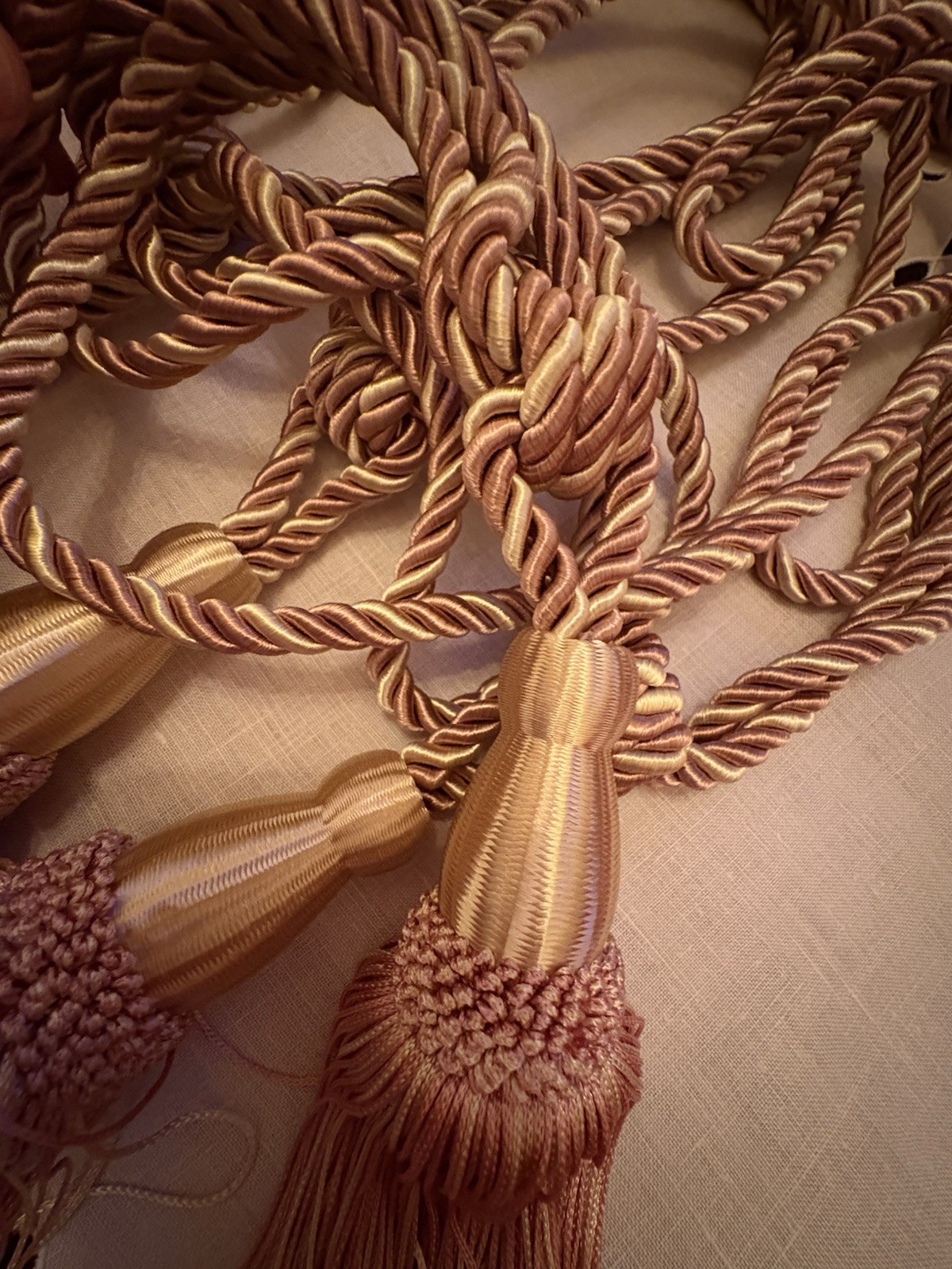 4 Large Vintage Curtain Tiebacks, Twisted, Light Pink And Gold-Tassel