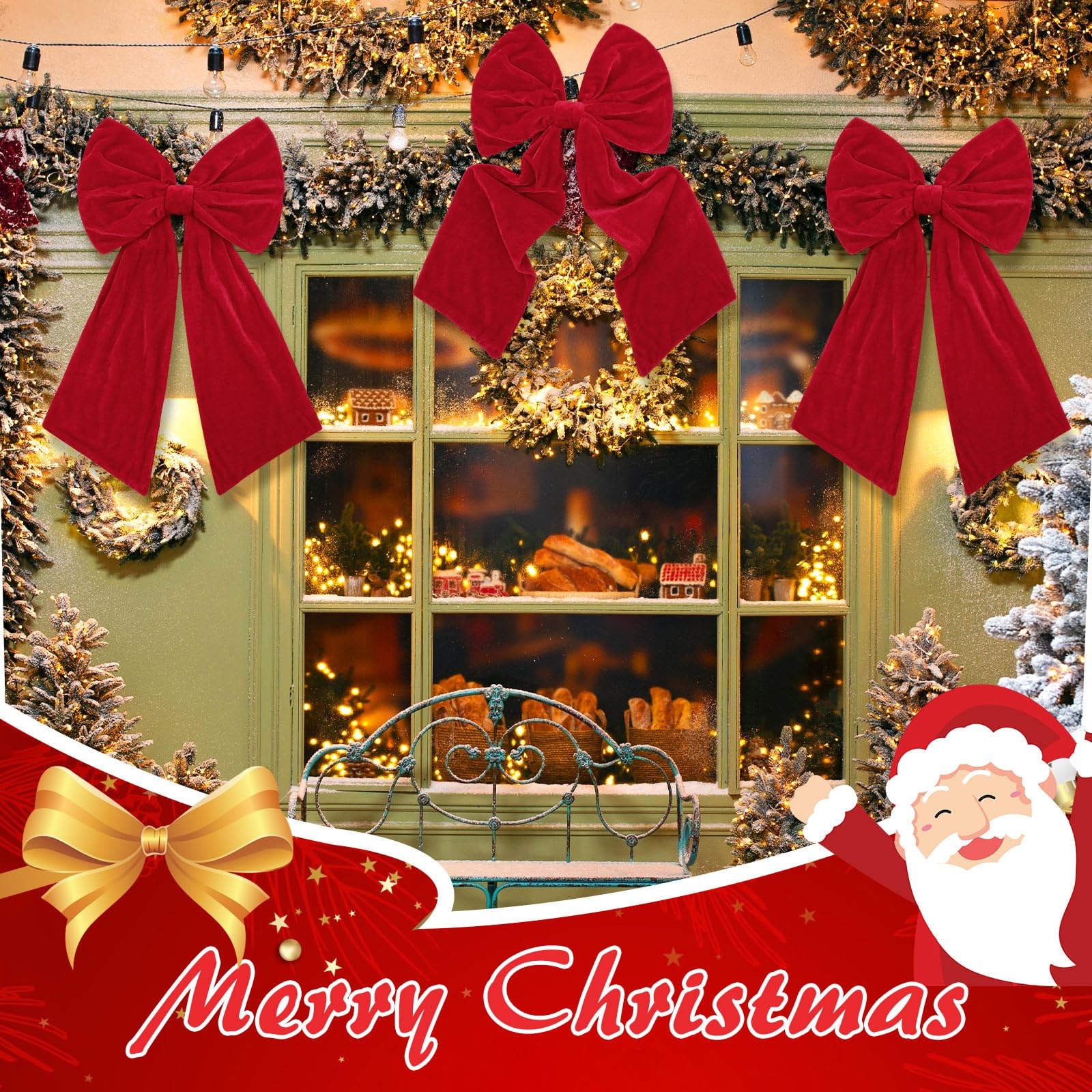 3 PCS Velvet Christmas Bow Decoration 2 Ft Large Fireplace Tree Topper Red
