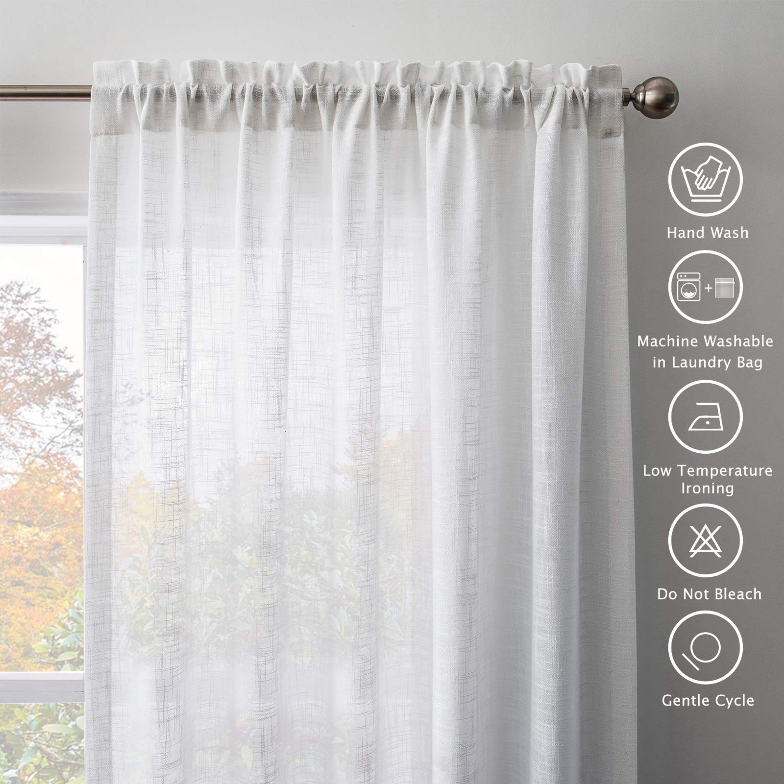 Melodieux White Linen Textured Semi Sheer Curtains 84 Inches Long For Living