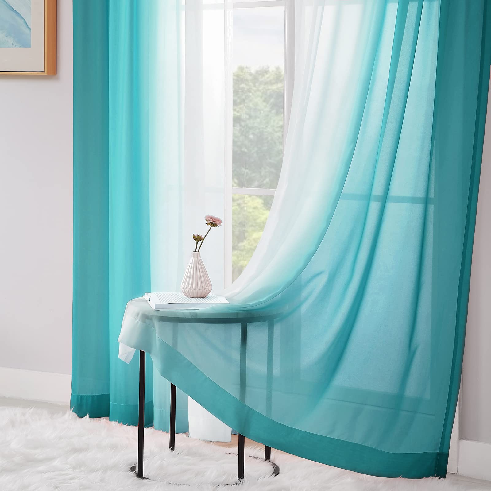 Teal Ombre Sheer Curtains 96 Inches Long for Living Room, Bedroom Chiffon Tea…