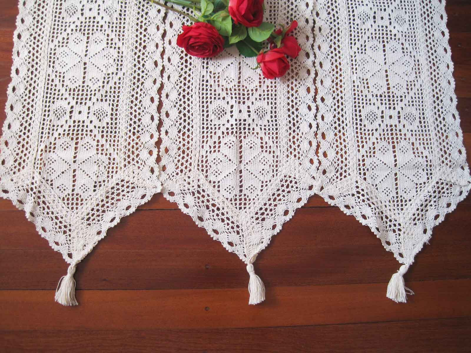 Again@Vintage Style 3 Panel Design Crochet Lace Braid Beige Cotton Door Curtain