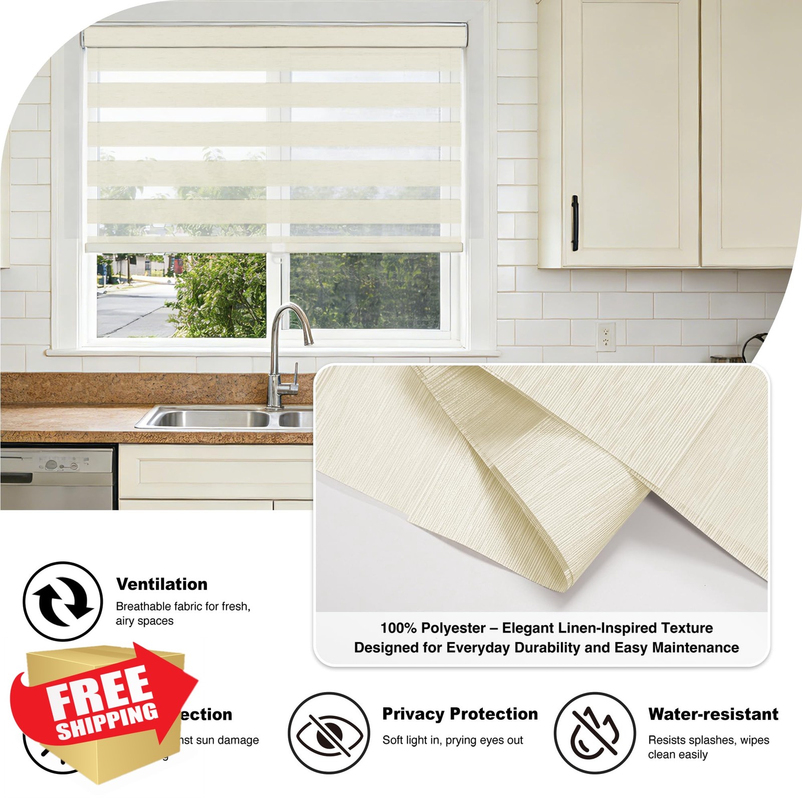 HESTIA Cordless Light Filtering Zebra Blinds, Cream, 37″ W x 72″ H | Adjustab…