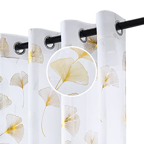 Gold Foil Print Voile Sheer Curtains, 52″W x 84″L (Pack of 2) Ginkgo/Gold