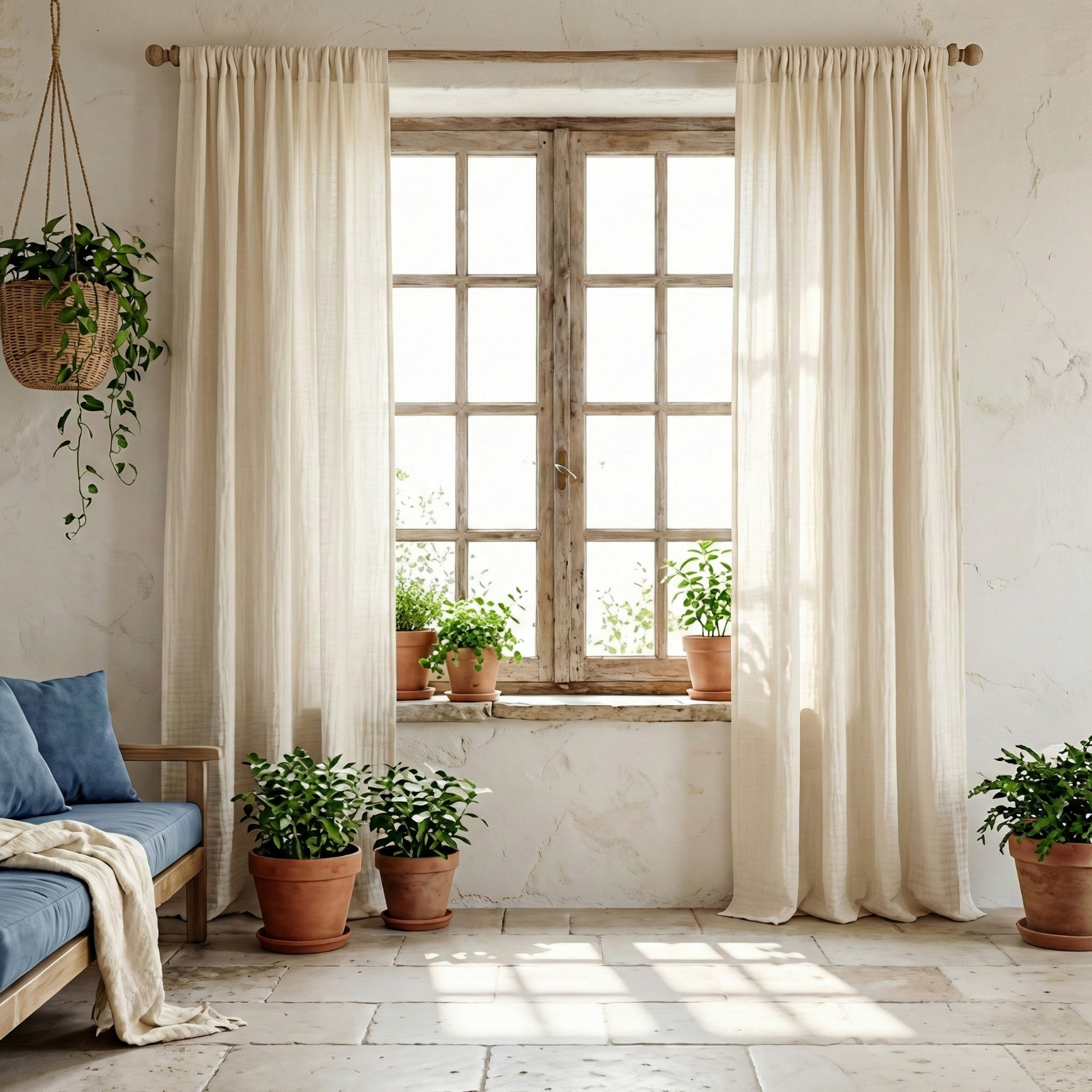 Natural Cotton Muslin Curtain Panel Boho Double Gauze Bedrom Window Drapes