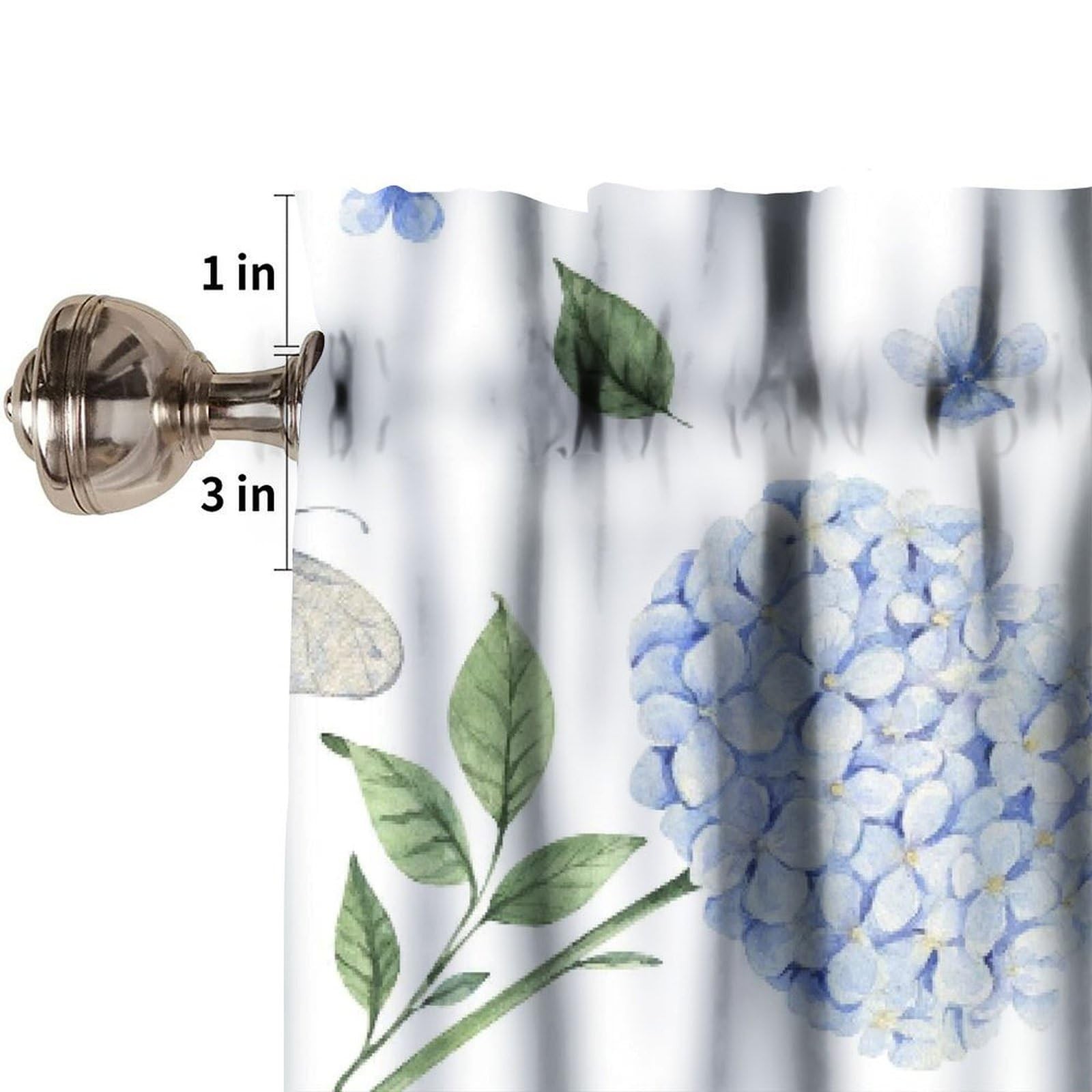 Spring Hydrangea Valance Curtain, Rustic Summer Blue Moth Butterfly Flowers G…