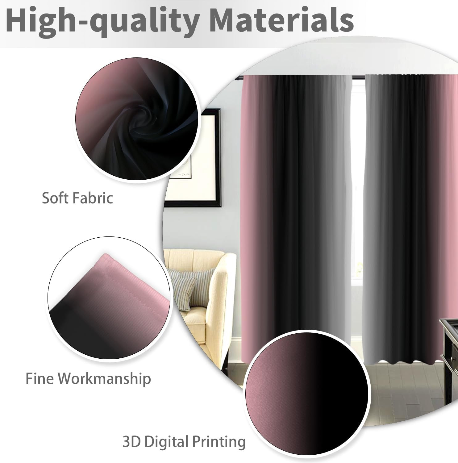 Pink Black Ombre Curtains 2 Panel Set, Grey Gradient Gothic Goth Dark Aesthetic