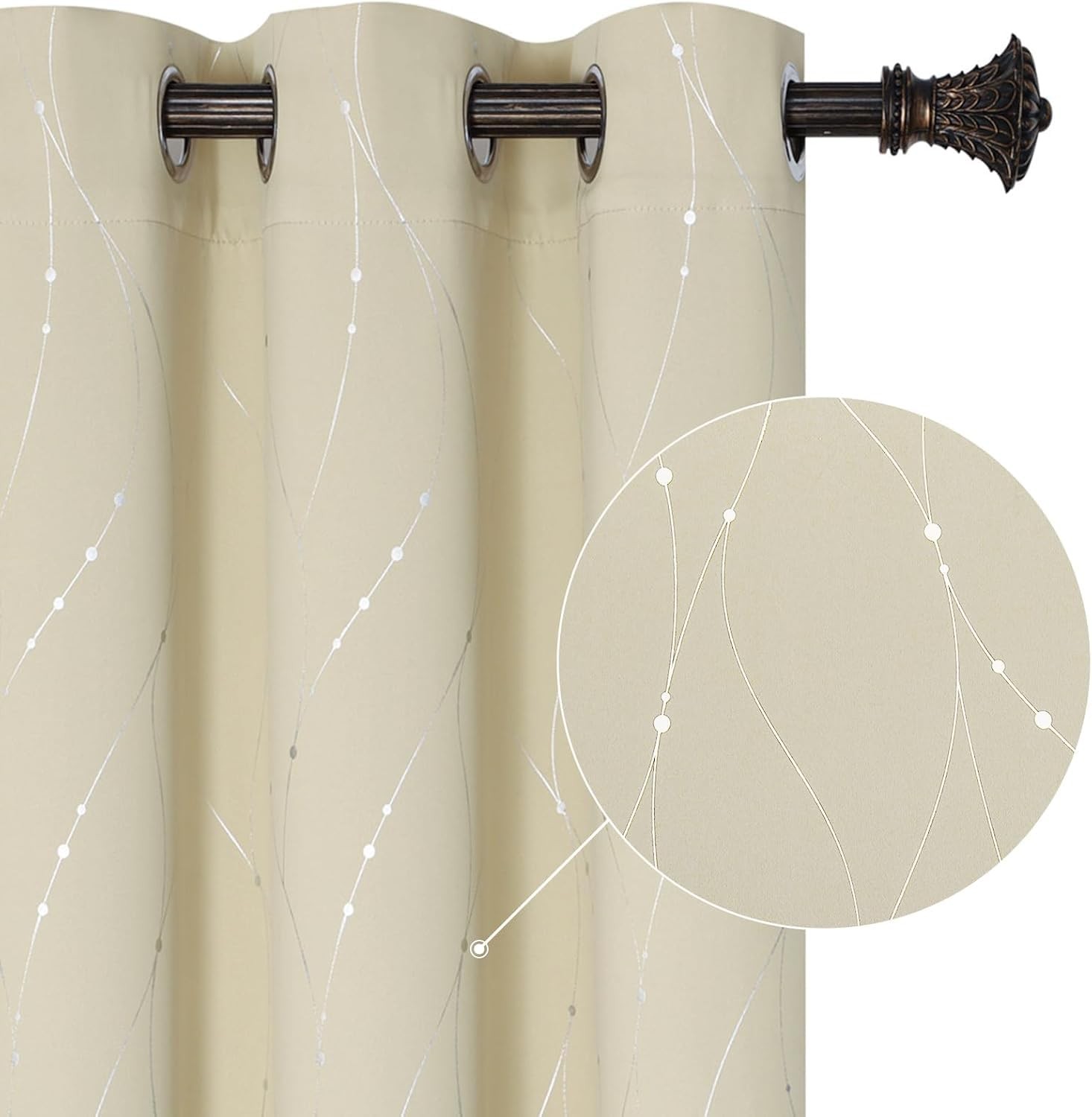 BUHUA Window Treatment Panels DXY 33W×72L Beige Grommet Wave Line Print 1 PANEL