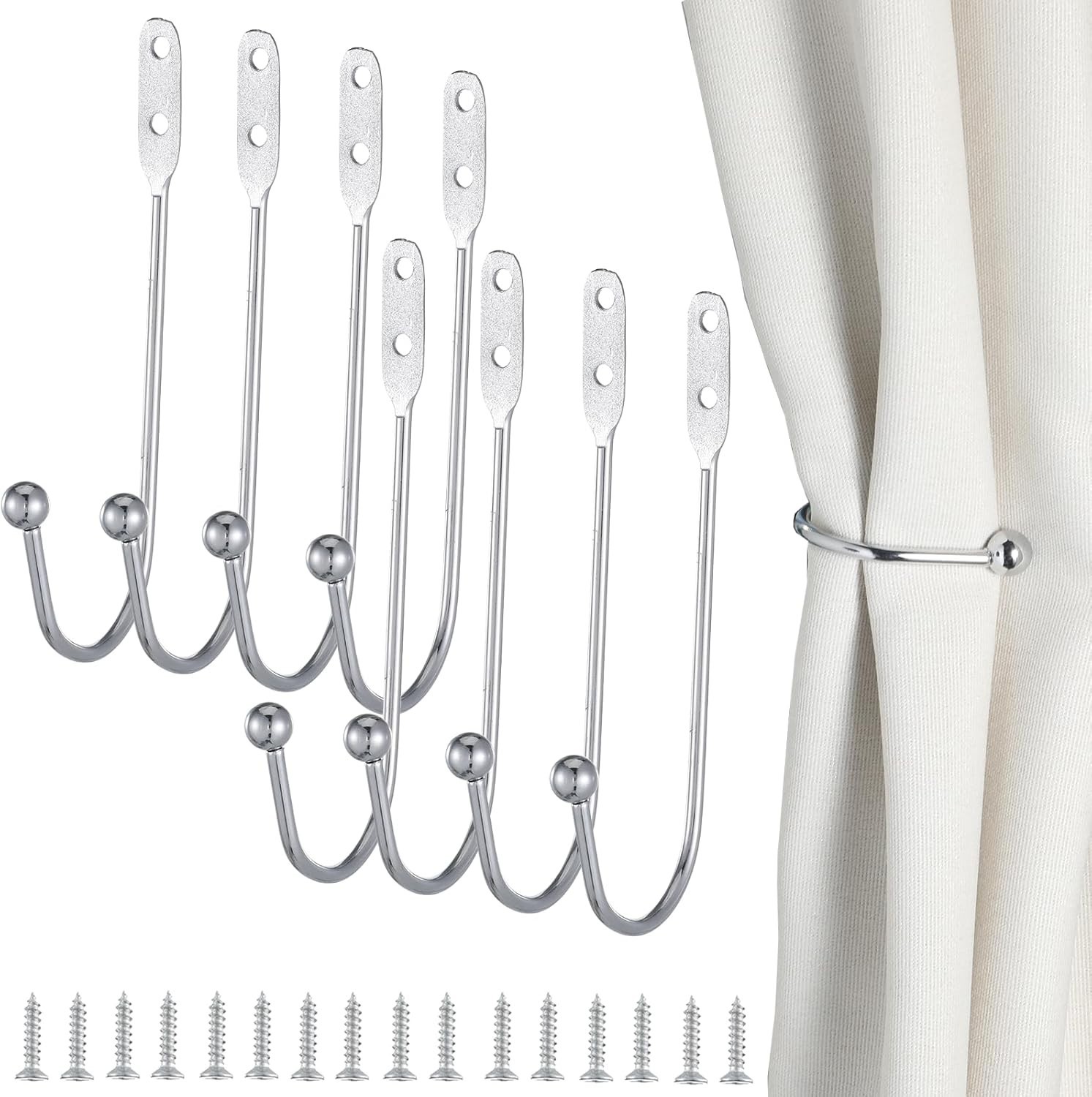 8 Pack Curtain Holdbacks Metal Tiebacks Wall Mounted Hooks Silver Drapery Holder