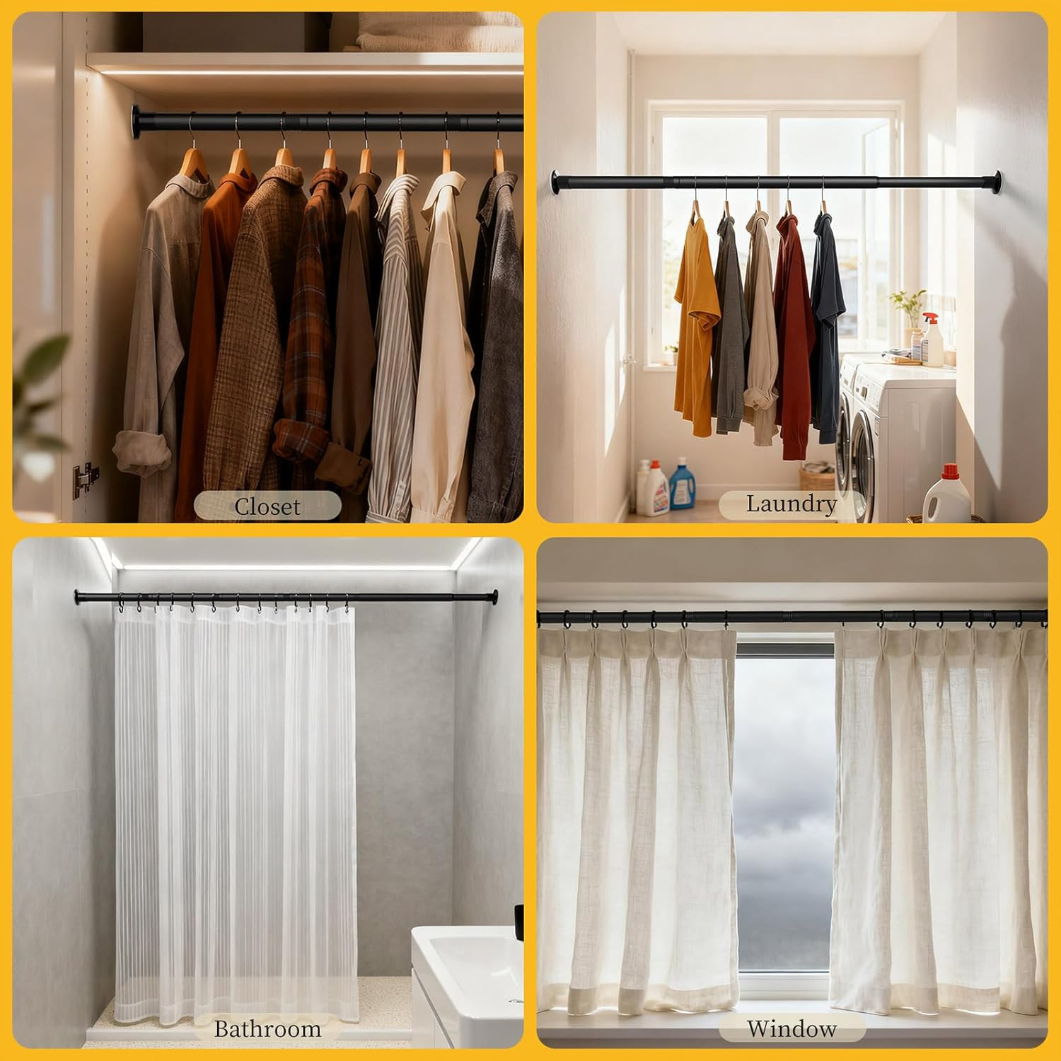 No Drilling Closet Rod Adjustable Black 28-98″ Heavy-Duty Tension Rods Hanging