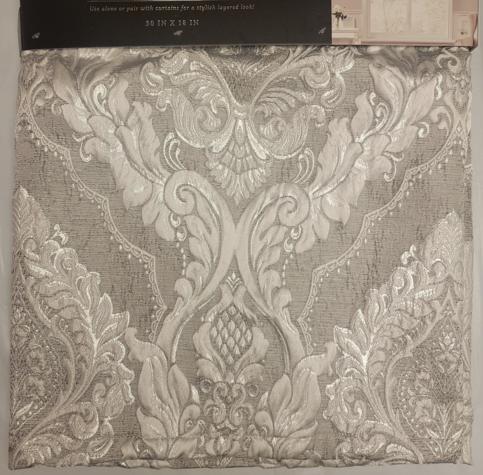 Envogue Window Valance Silver Gray Textured Metallic Sheen 50” x 18” Medallion