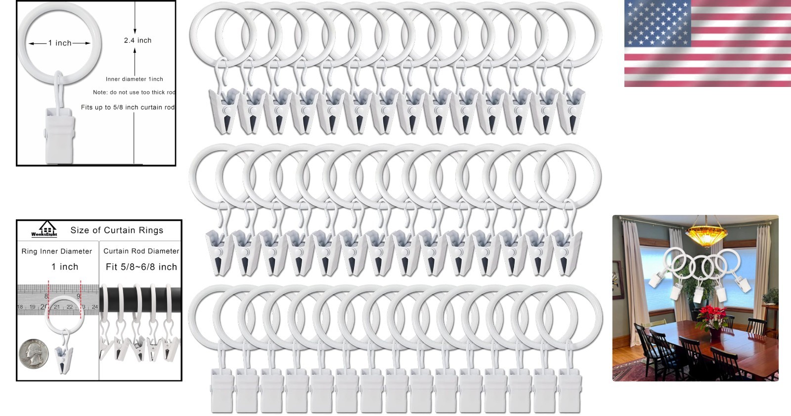 Set of 44 White Curtain Rings with Clips for Elegant Drapery Solutions