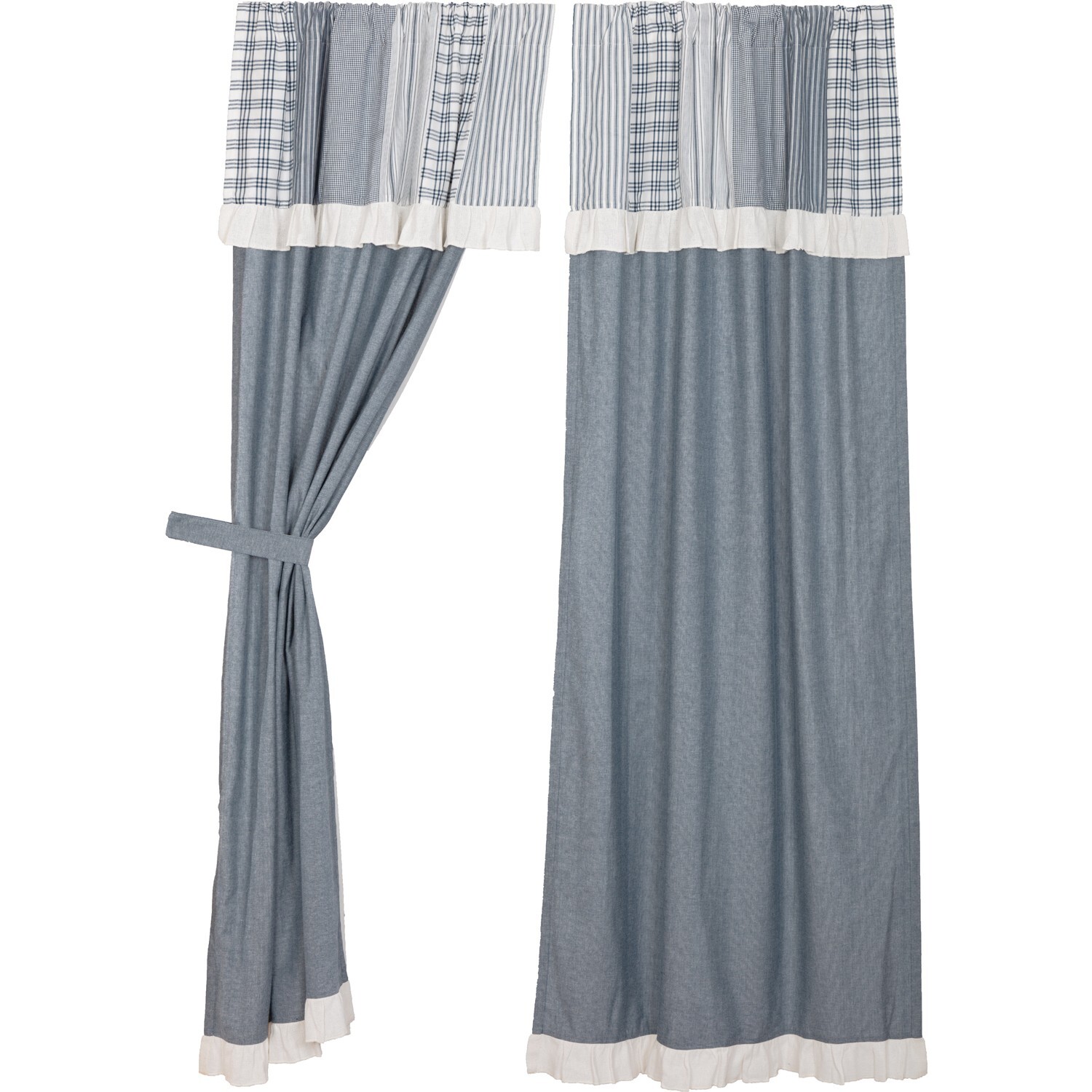 Sawyer Mill Blue Chambray Panel Set w/ Attached Patchwork Valance 84″ Long Last1