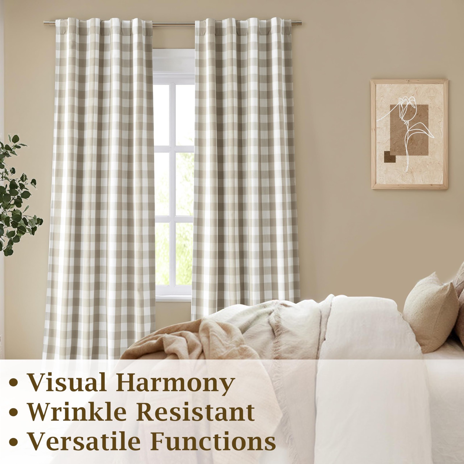 Beige White Buffalo Plaid Blackout Curtains 84 Inches Long for Bedroom Living…