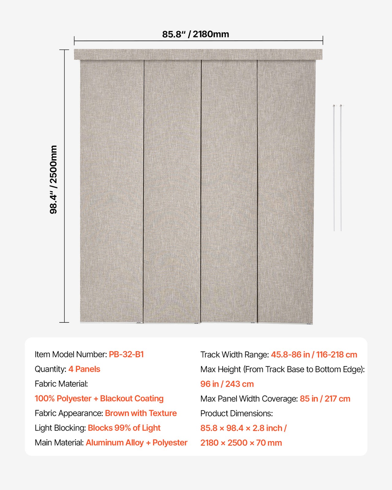 VEVOR Panel Track Blinds Extendable Track from 45.8 in to 86 in W Trimmable