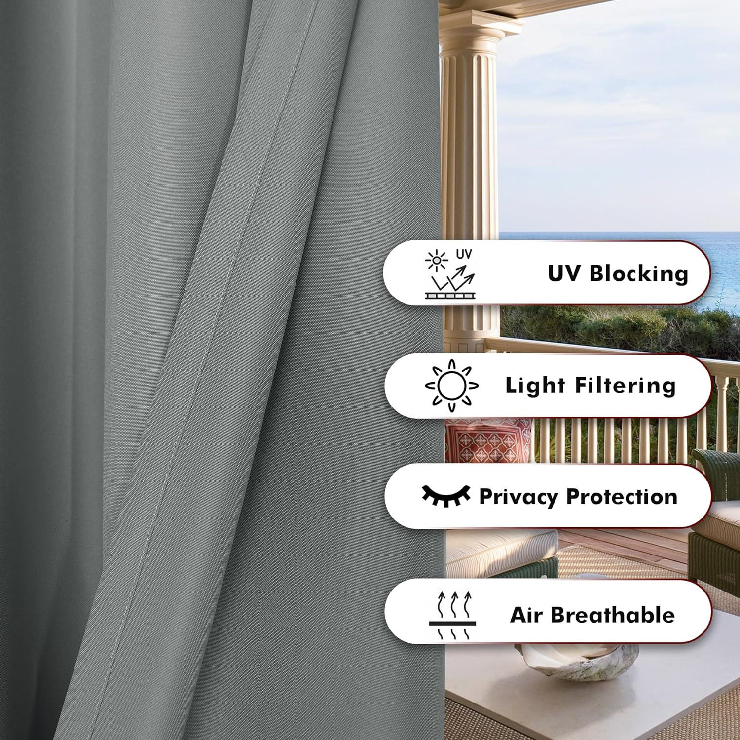 BONZER Waterproof Outdoor Curtains for Patio Porch Pergola Cabana Light Filterin