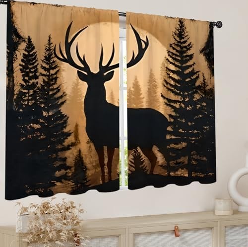 Forest Theme Rustic Deer Pine Kitchen Curtains Country Vintage Retro Cabin Lodge