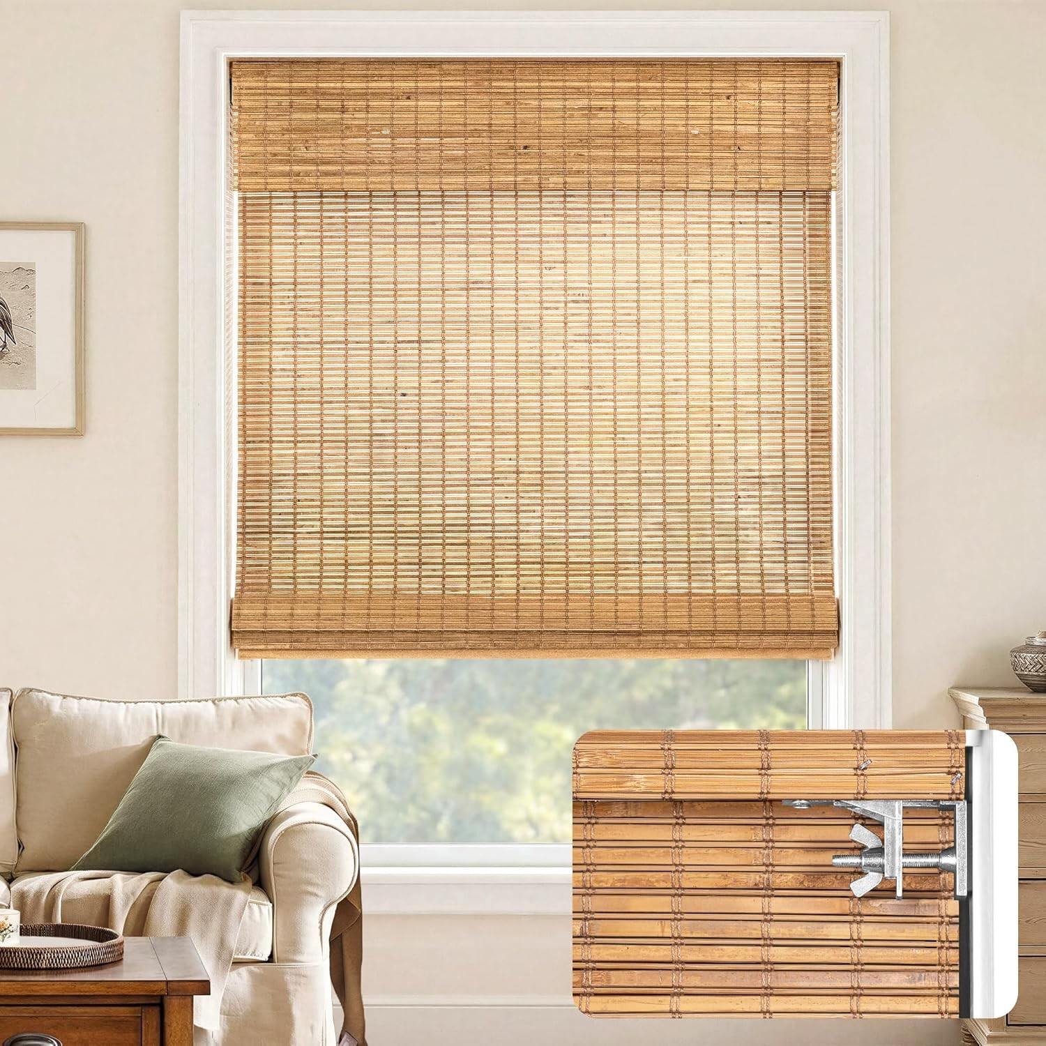 LazBlinds No-Drill Cordless Roman Shade Light Filtering Bamboo 21x48in Window