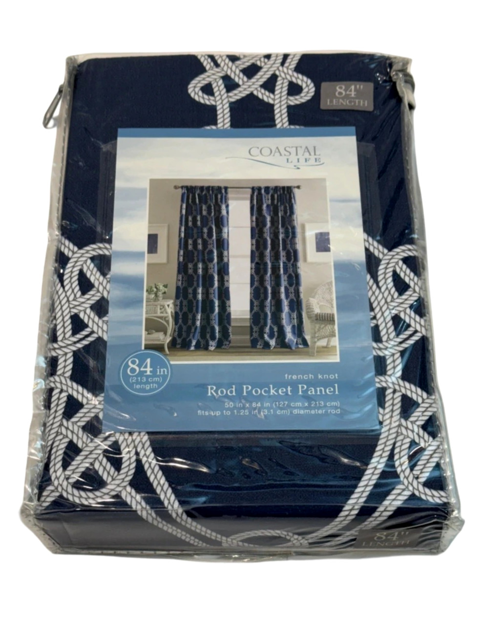 Coastal Life French Knot Rod Pocket Panel 50″ x 84″ Indigo Blue & White