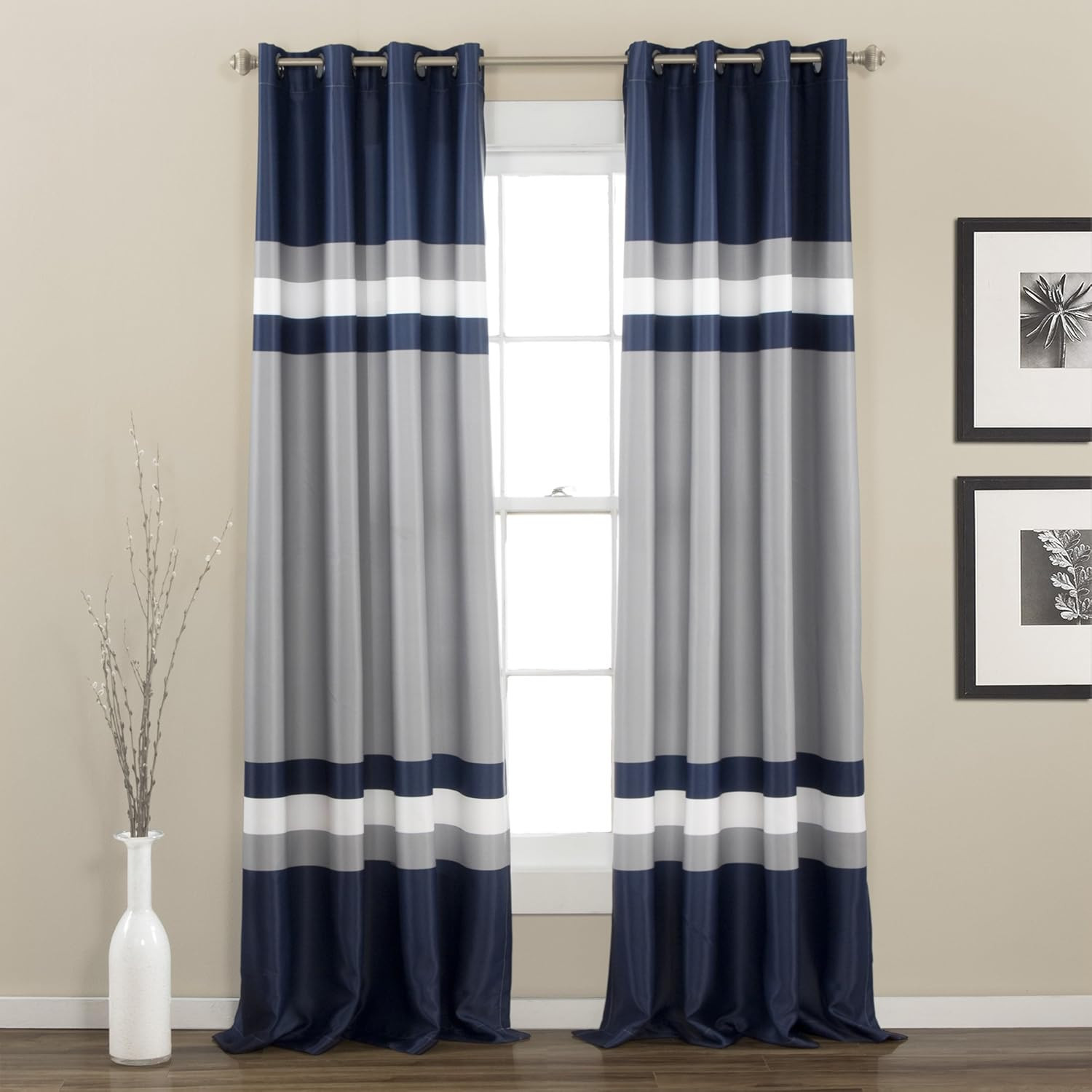 Navy Alexander Stripe Light Filtering Curtain Panels, 52″W x 95″L, Pair