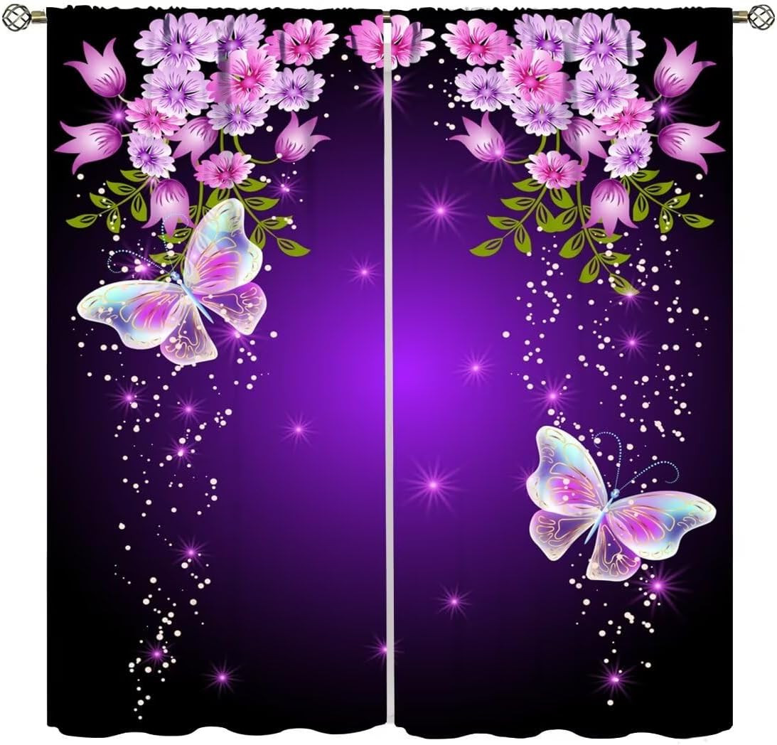 Purple Butterfly Curtains,Modern Fantasy Style Semi Blackout Window Treatments f