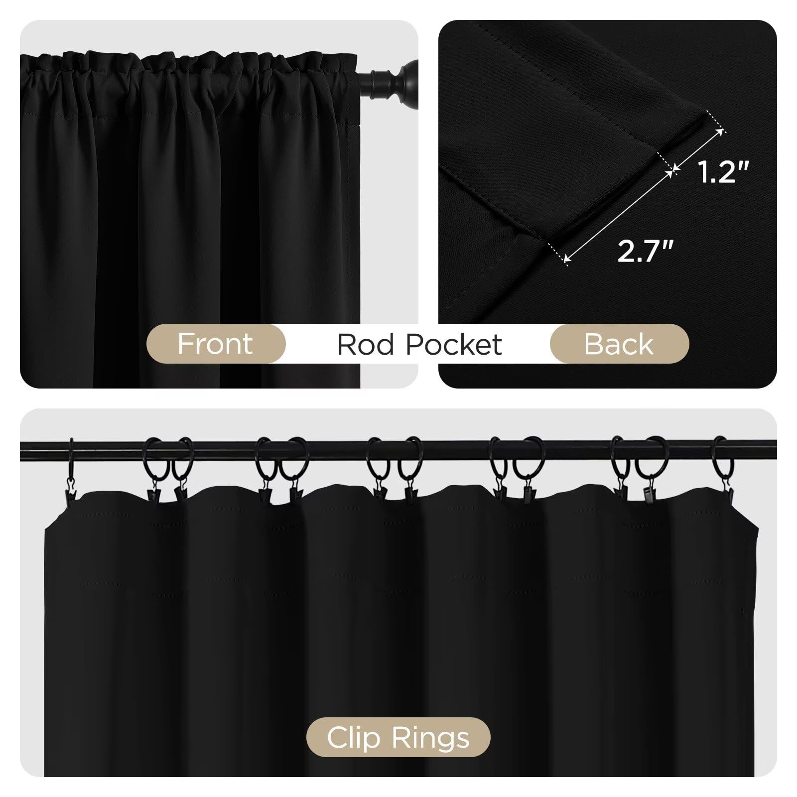 Black Blackout Curtains 84 inch Length 2 Panels Set, Rod Pocket (W52 x L84 Inch)
