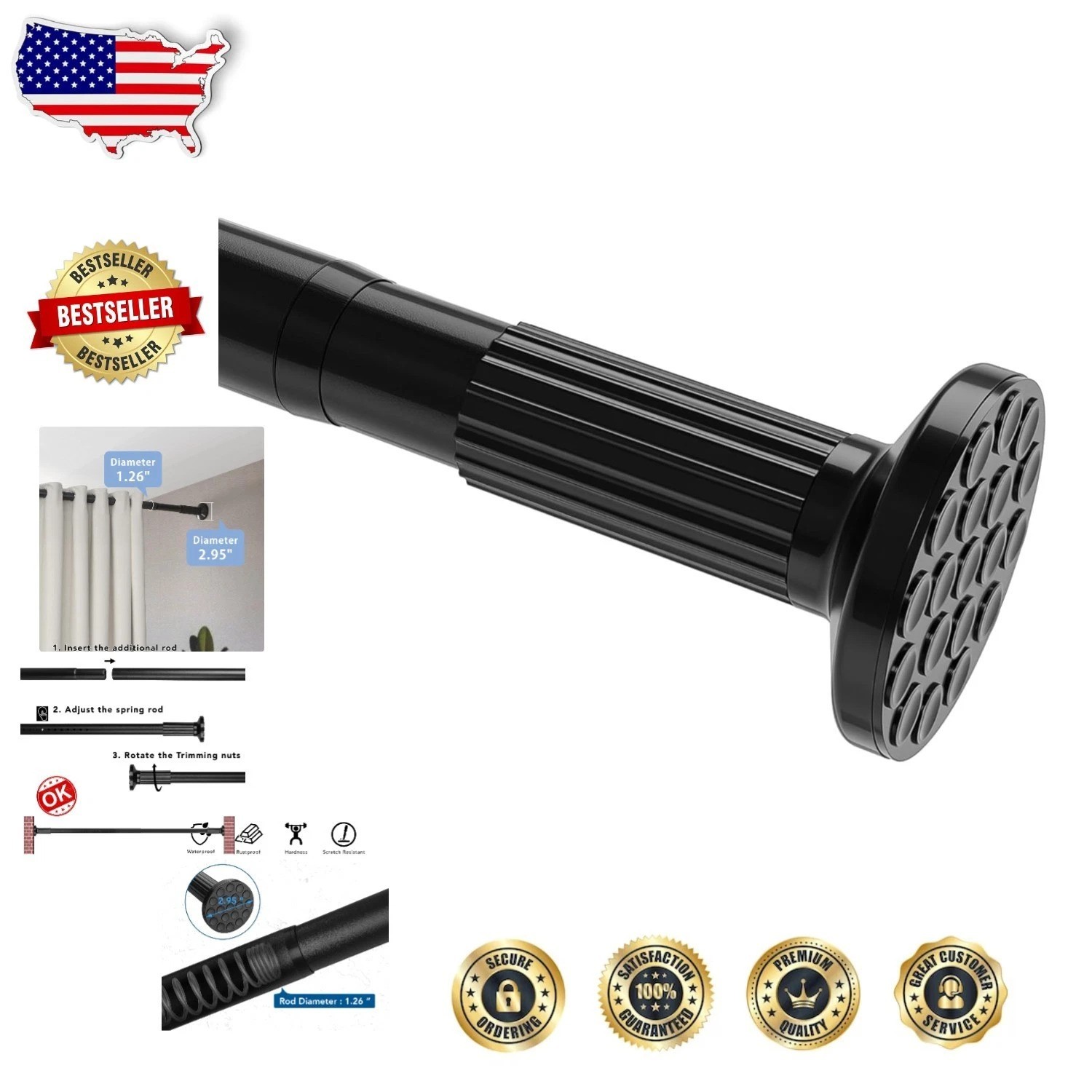 Heavy Duty Tension Curtain Rod 51-126″ Black Carbon Steel No Drill Rustproof