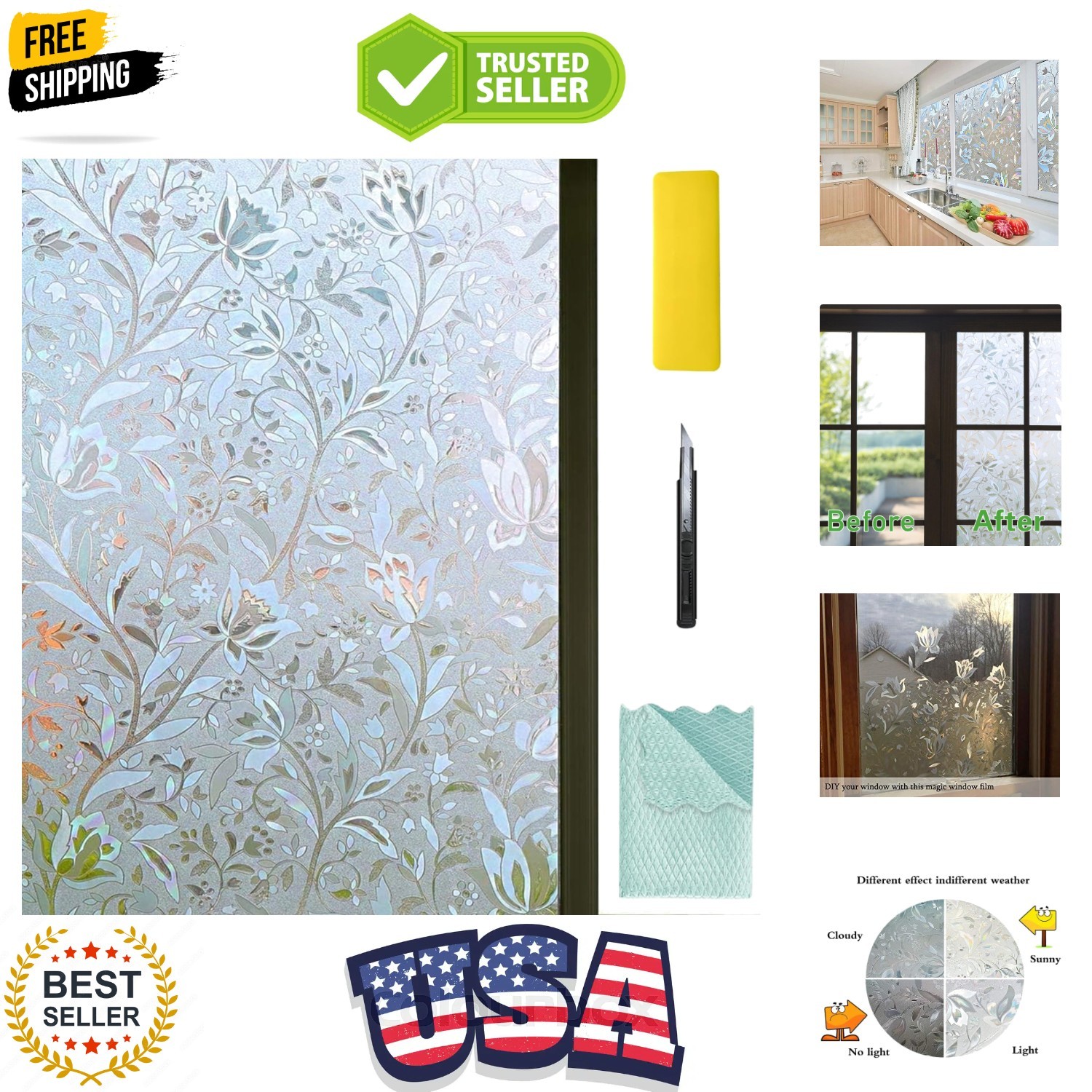 Window Privacy Film with Installation Tools, Bathroom Frosting Decorative Win…