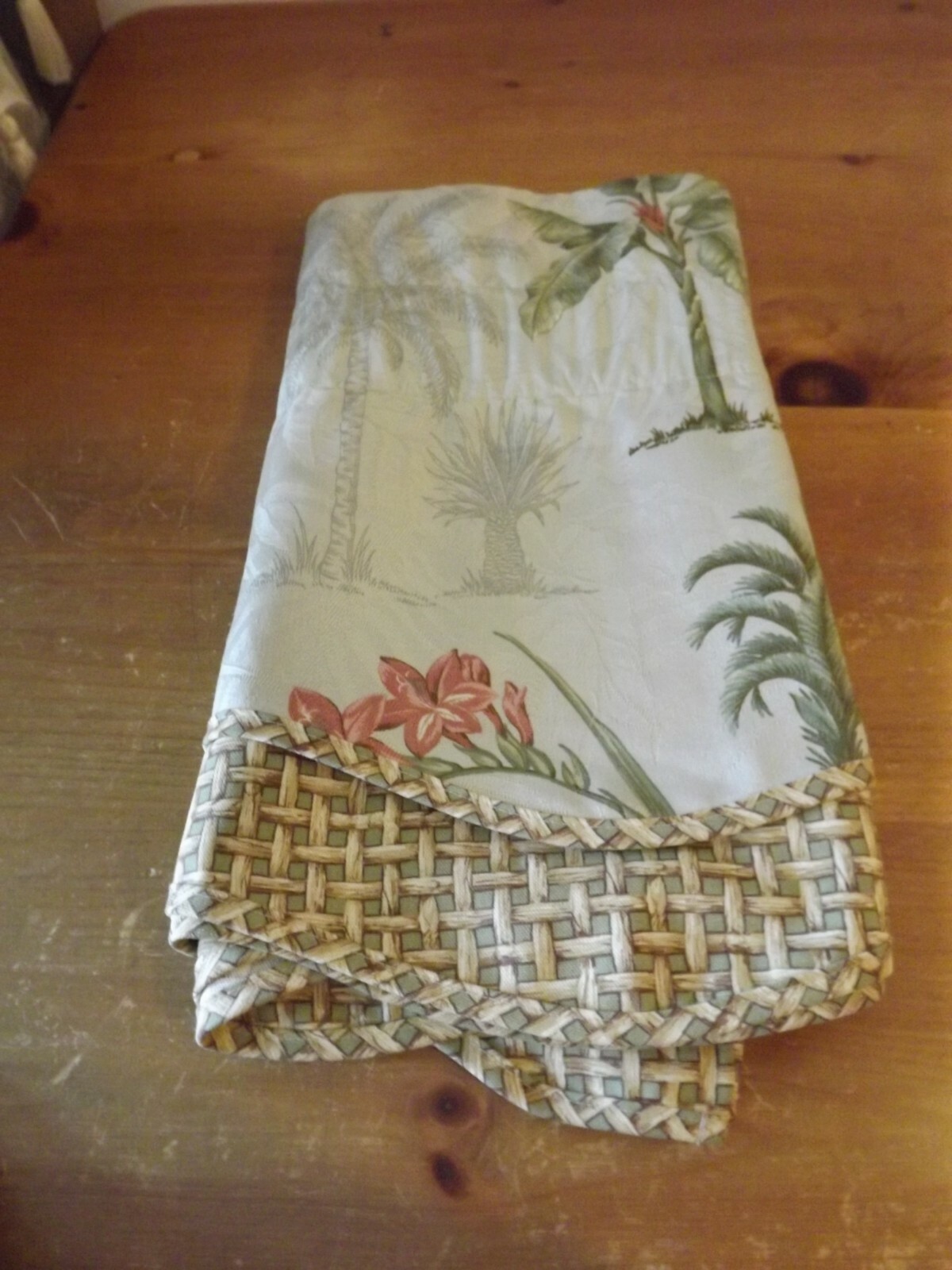 WAVERLY 2 layer DAMASK VALANCE green floral w/ PALM TREES 76Wx17″ 3 AVAILABLE
