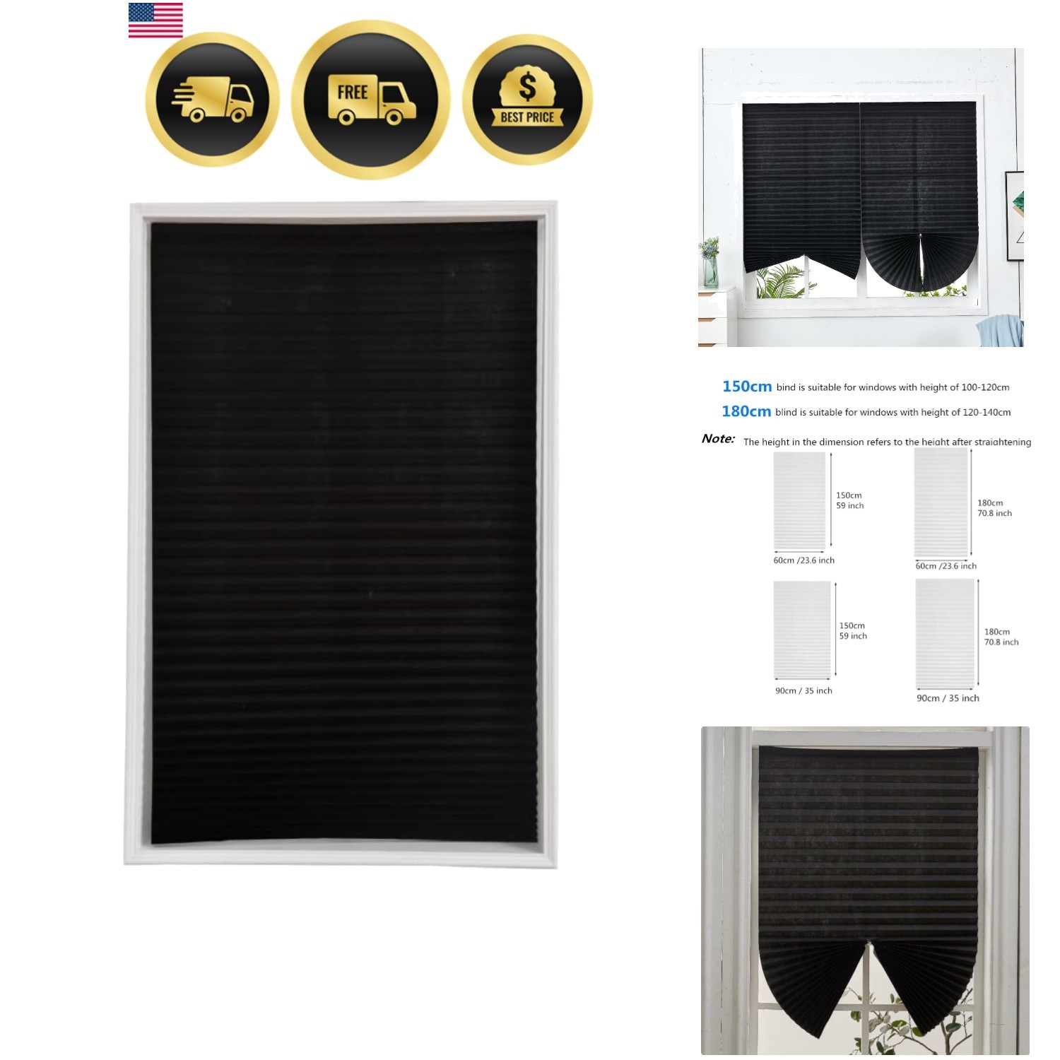 2 Pack Temporary Blackout Blinds for Window, Self Adhesive Pleated Cordless N…