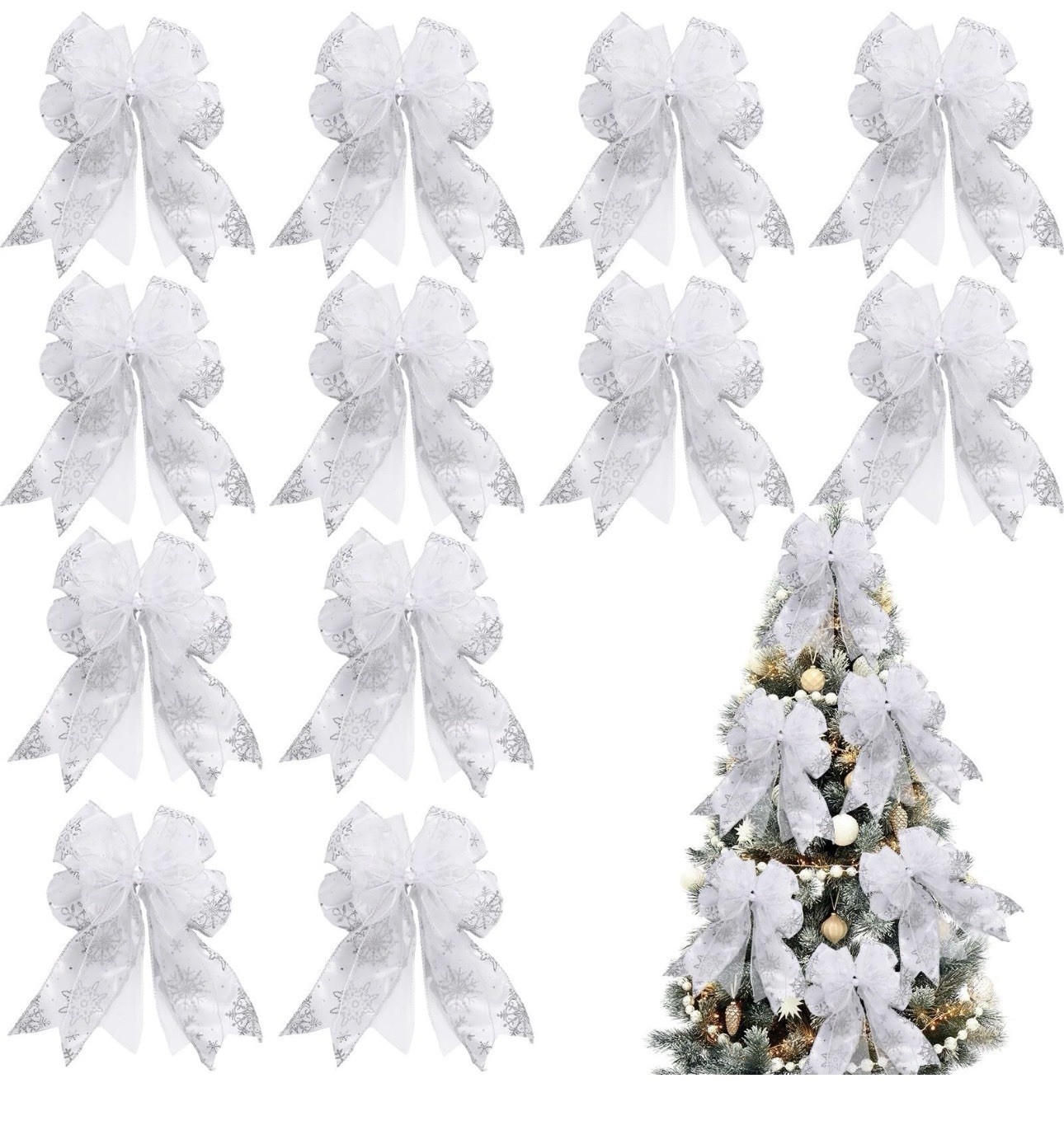 Christmas Tree Ribbon Bow 12 Pcs Silver Patterned Ribbon Xmas Bow