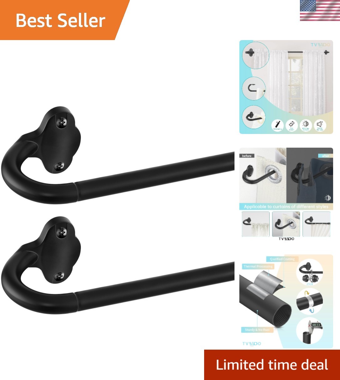 Matte Black Hidden Curved Curtain Rods, 28 to 48 Inch, Room Darkening Set