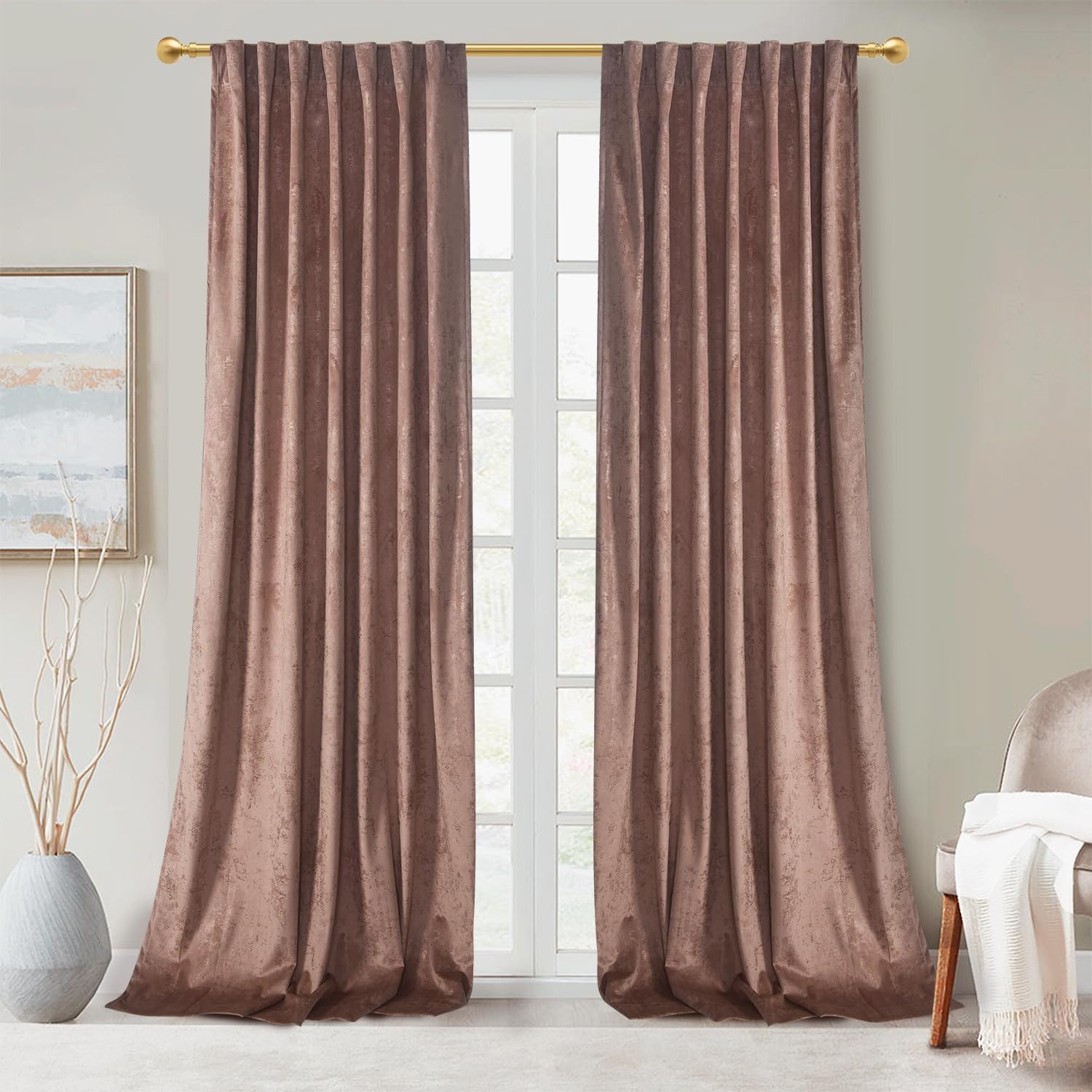 Dusty Rose Velvet Blackout Curtains 108 Inch Gold Foil Thermal Drapes 2pc