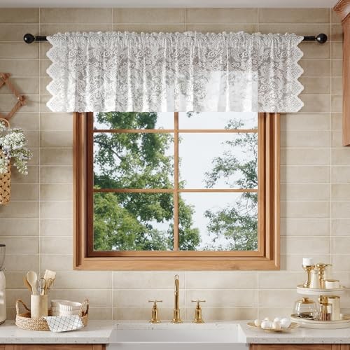 White Lace Semi-Sheer Kitchen Valance 52″W x 18″L (Pack of 1) White Plume