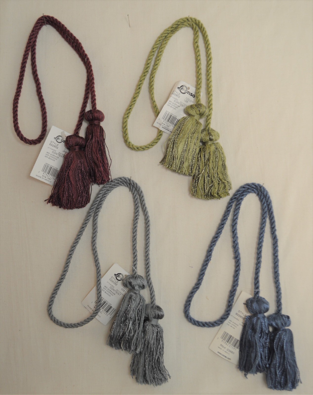 Curtain & Chair Tie Back Conso 27″ spread w/ 3″ tassels – 14 bright colors!!